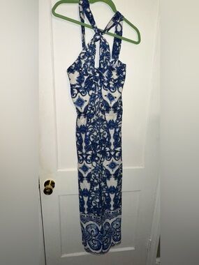 ANTONIO MELANI Blue and White Backless Maxi Dress